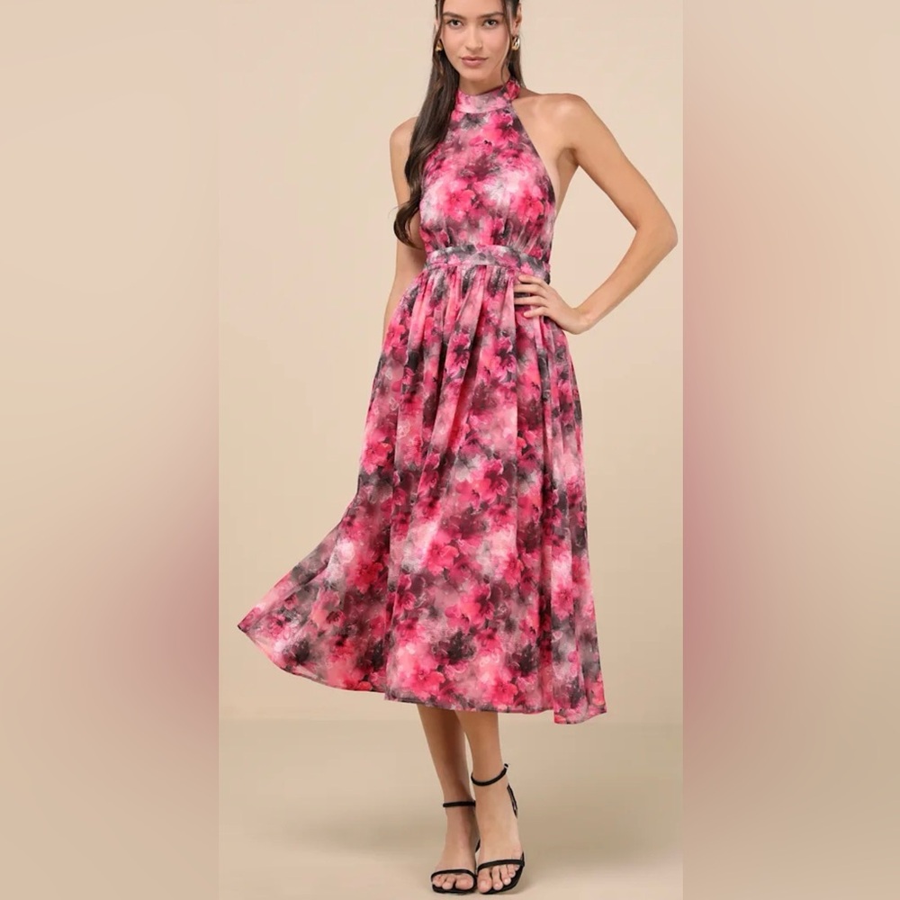 Lulus Charming Vision Fuchsia Floral Swiss Dot Lurex Halter Midi Dress